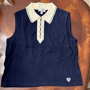 St John Golf Navy Sleeveless Top with Cream Collar
